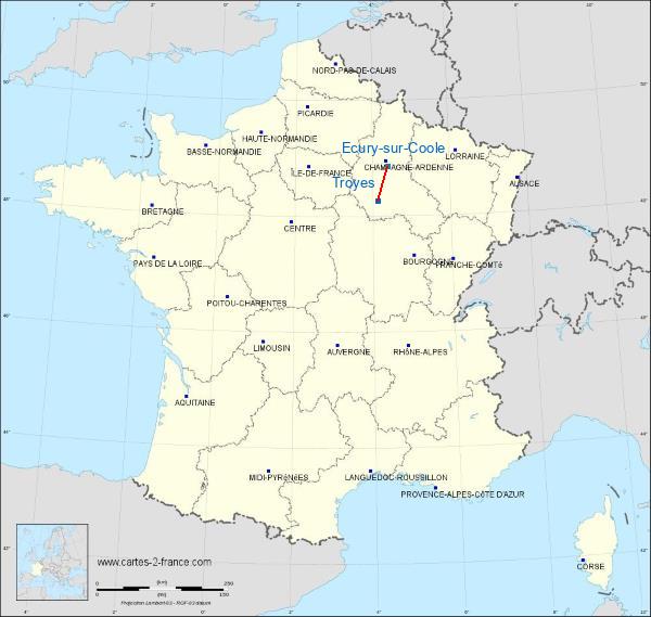 Distance Troyes Châlons - Ecury-sur-Coole sur la carte de France