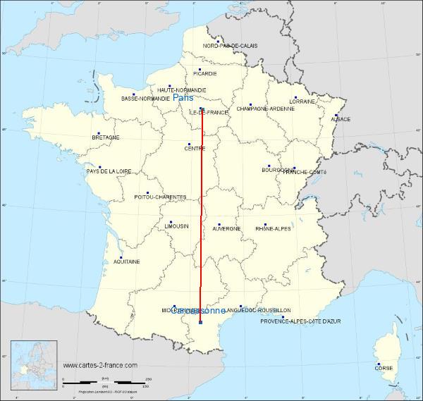 Distance Carcassonne Paris sur la carte de France
