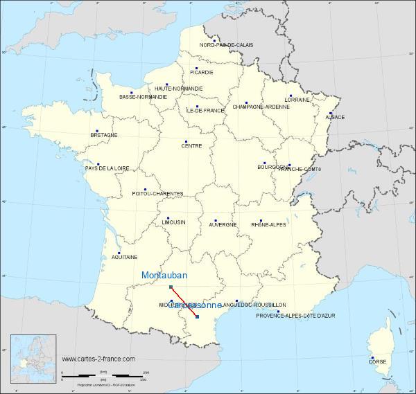 Distance Carcassonne Montauban sur la carte de France