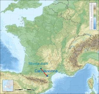 Distance entre de Carcassonne et Montauban sur la carte de France