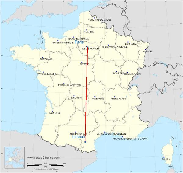Distance Limoux Paris sur la carte de France