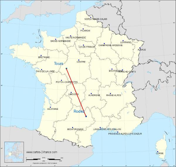 Distance Rodez Tours sur la carte de France