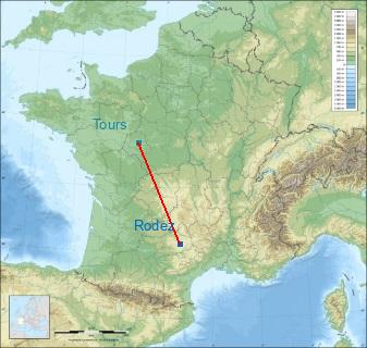 Distance entre de Rodez et Tours sur la carte de France