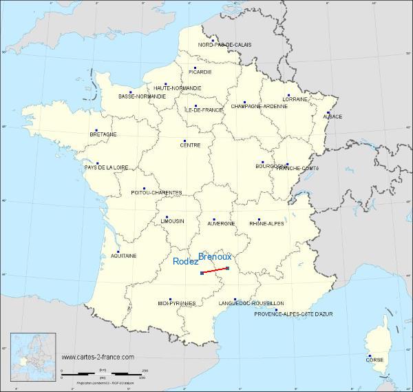 Distance Rodez Mende-Brenoux sur la carte de France