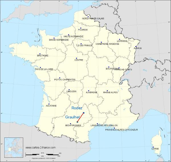 Distance Rodez Graulhet-Mondragon sur la carte de France