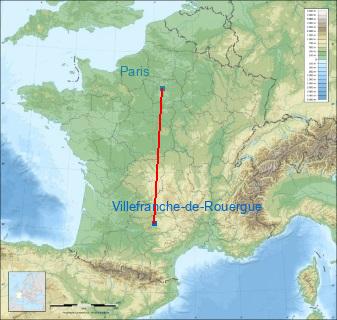 Distance entre de Villefranche-de-Rouergue et Paris sur la carte de France