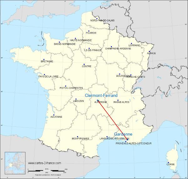 Distance Gardanne Clermont-Ferrand sur la carte de France