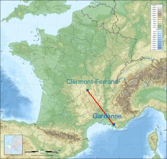 Distance entre de Gardanne et Clermont-Ferrand sur la carte de France