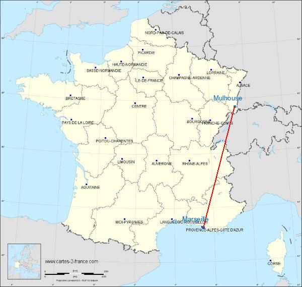 Distance Marseille Mulhouse sur la carte de France