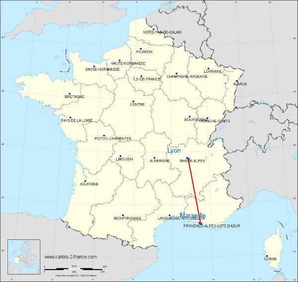 Distance Marseille 11 Lyon sur la carte de France