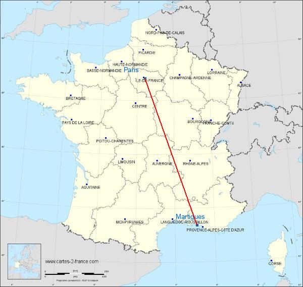 Distance Martigues Paris sur la carte de France
