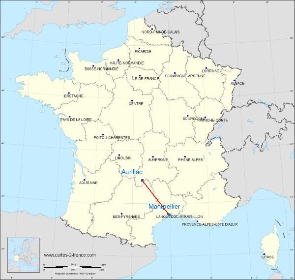 Distance Aurillac Montpellier sur la carte de France