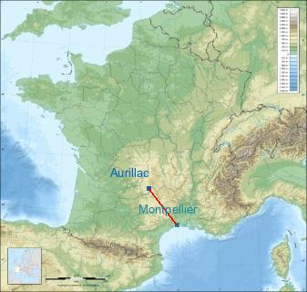 Distance entre de Aurillac et Montpellier sur la carte de France