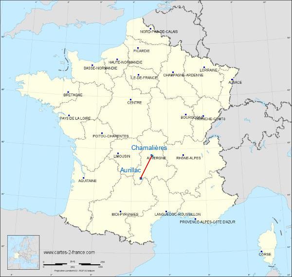 Distance Aurillac Chamalières sur la carte de France