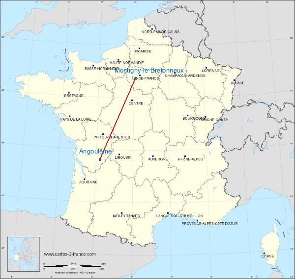 Distance Angoulême Saint-Quentin-en-Yvelines sur la carte de France