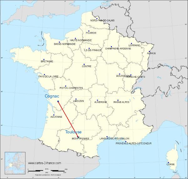 Distance Cognac Toulouse sur la carte de France
