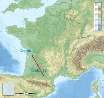 Distance entre de Cognac et Toulouse sur la carte de France
