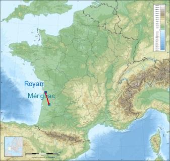 Distance entre de Royan et Mérignac sur la carte de France