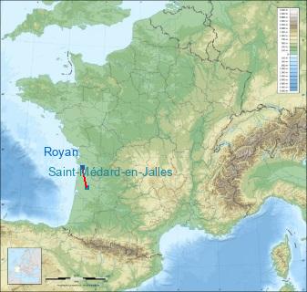 Distance entre de Royan et Saint-Médard-en-Jalles sur la carte de France