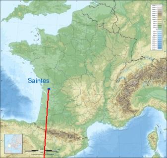 Distance entre de Saintes et Nice sur la carte de France