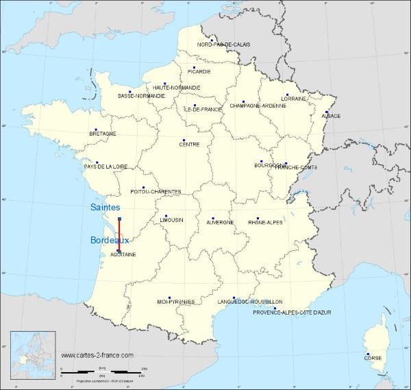 Distance Saintes Bordeaux sur la carte de France