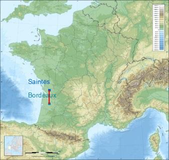 Distance entre de Saintes et Bordeaux sur la carte de France