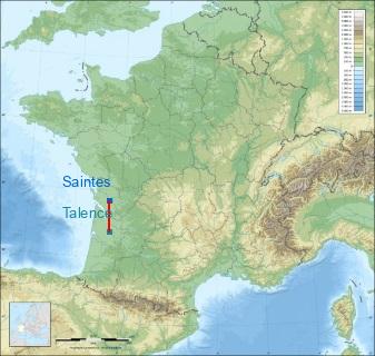 Distance entre de Saintes et Talence sur la carte de France