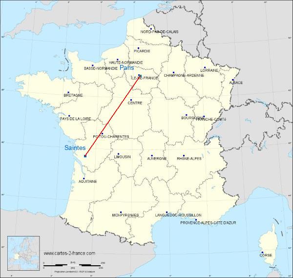 Distance Saintes Paris sur la carte de France