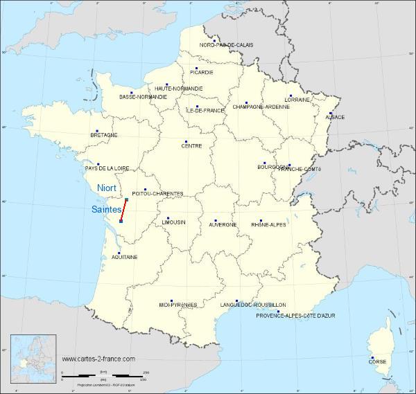 Distance Saintes Niort-Souché sur la carte de France