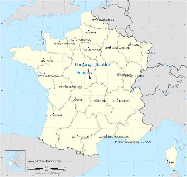 Distance Bourges Brinon-sur-Sauldre sur la carte de France