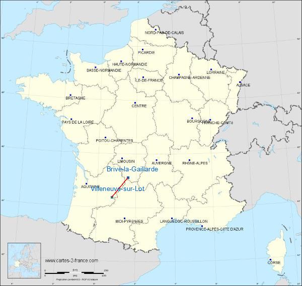 Distance Brive-la-Gaillarde Villeneuve-sur-Lot sur la carte de France