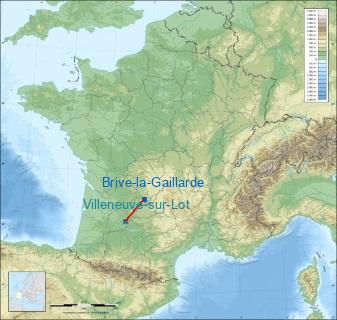 Distance entre de Brive-la-Gaillarde et Villeneuve-sur-Lot sur la carte de France