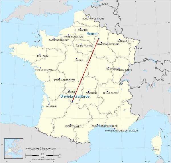Distance Brive-la-Gaillarde Reims sur la carte de France