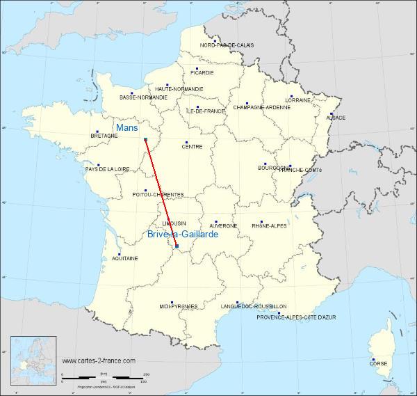 Distance Brive-la-Gaillarde Le Mans sur la carte de France