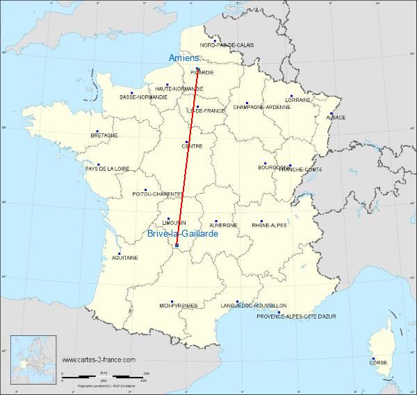 Distance Brive-la-Gaillarde Amiens sur la carte de France