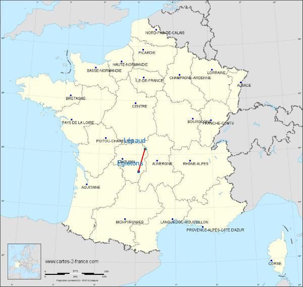 Distance Egletons Montluçon – Guéret Airport sur la carte de France