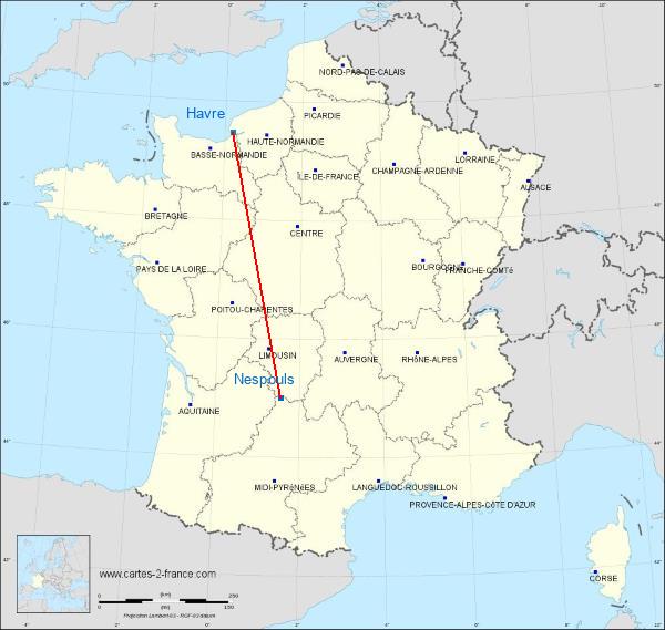 Distance Brive–Souillac Airport Le Havre sur la carte de France