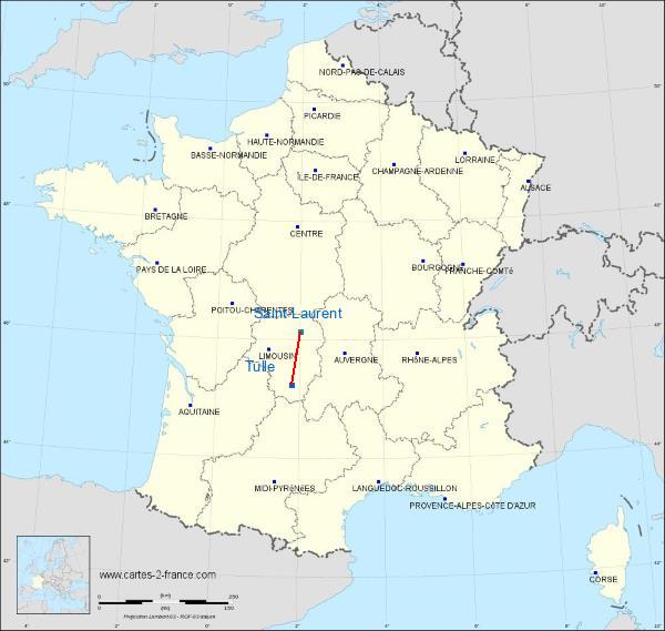Distance Tulle Guéret - Saint-Laurent sur la carte de France