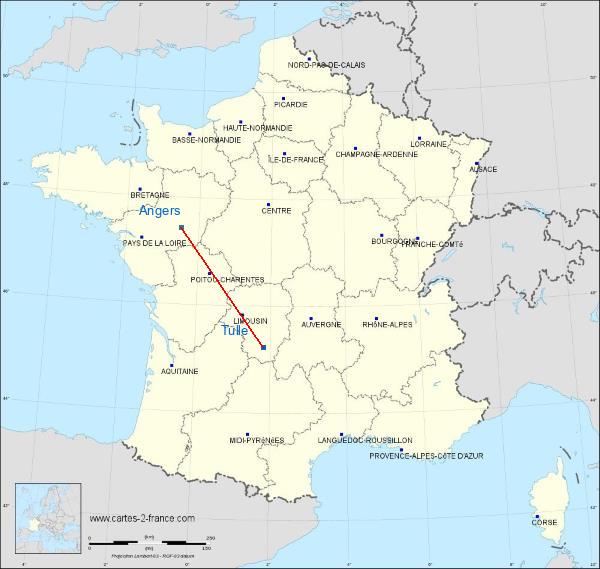 Distance Tulle Angers sur la carte de France