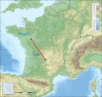 Distance entre de Tulle et Angers sur la carte de France