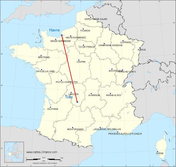 Distance Tulle Le Havre sur la carte de France