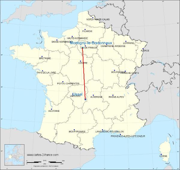 Distance Ussel Saint-Quentin-en-Yvelines sur la carte de France