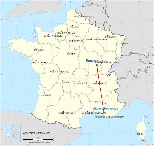 Distance Beaune Aix-en-Provence sur la carte de France