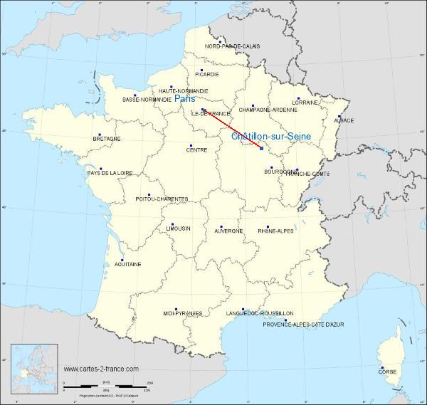 Distance Châtillon-sur-Seine Paris sur la carte de France