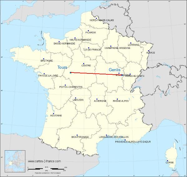 Distance Genlis Tours sur la carte de France