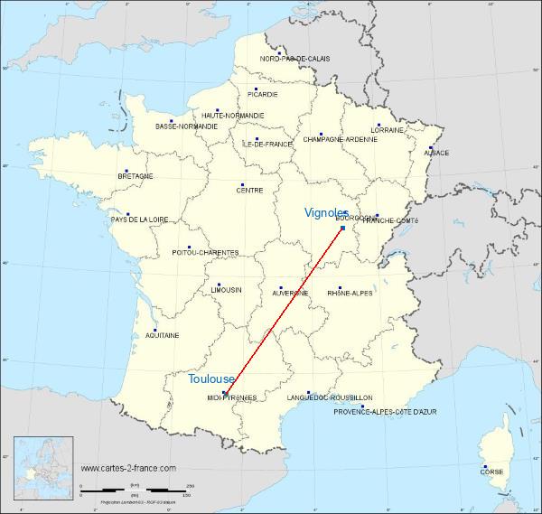 Distance Beaune-Challanges Toulouse sur la carte de France