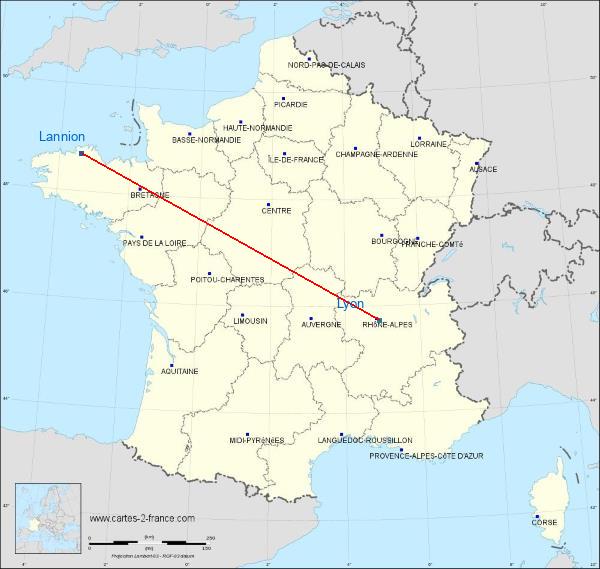 Distance Lannion Lyon sur la carte de France