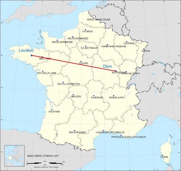 Distance Loudéac Dijon sur la carte de France