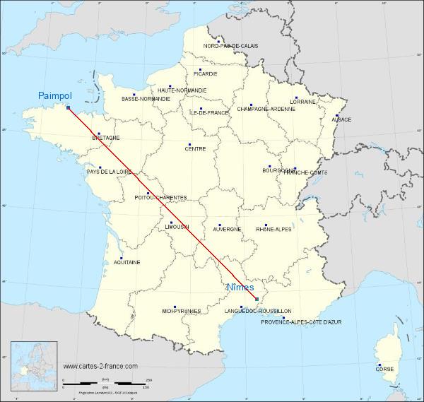 Distance Paimpol Nîmes sur la carte de France