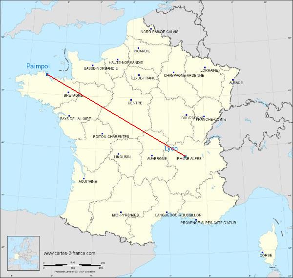 Distance Paimpol Lyon sur la carte de France